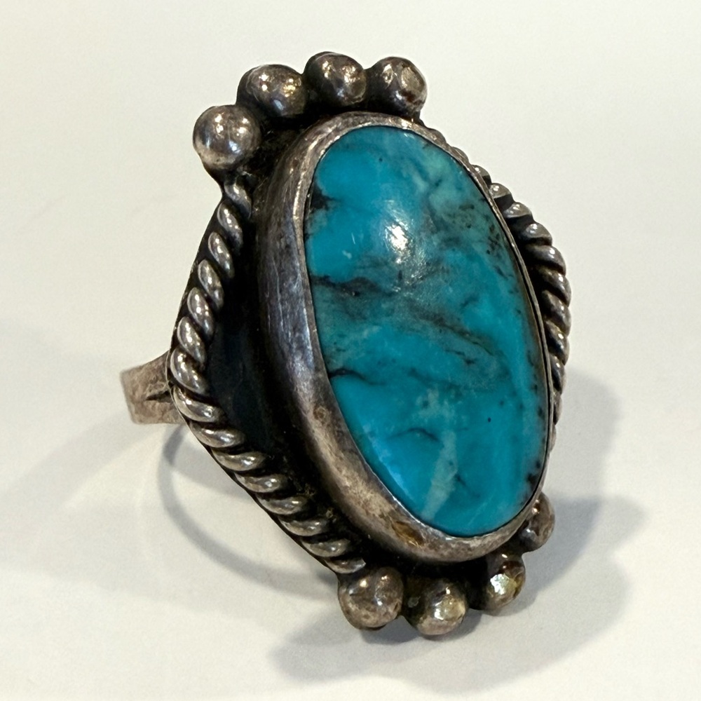 Vintage Sterling Silver 925 Turquoise Southwest Ring Size 5.25 Rope Cable